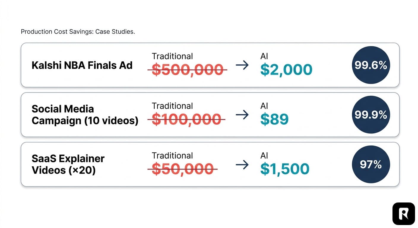 Comparison of cost savings across real-world AI video case studies including Kalshi, Cadbury, Stellantis, Sonesta Hotels, and Whole Life Pet, showing 70-95% production cost reductions