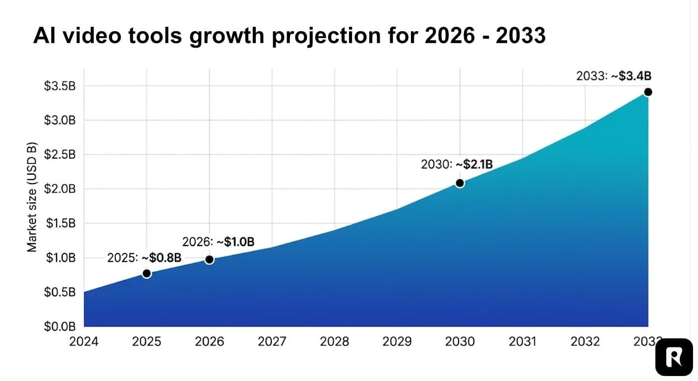Market projection chart showing the AI video generator market growing from approximately $1 billion in 2025 to $2-3.4 billion by the early 2030s, with the broader AI-in-marketing market reaching $47.32 billion