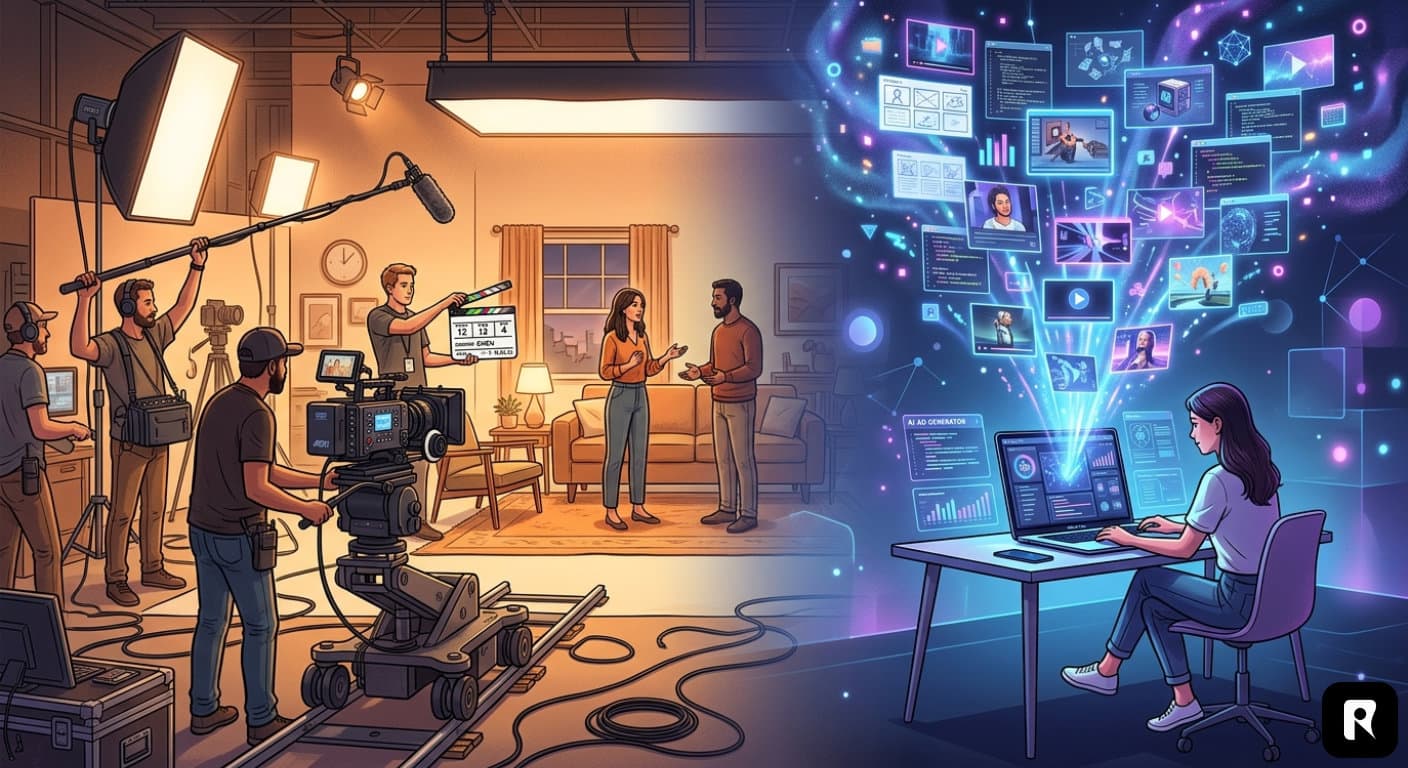 Visual overview of synthetic media economics comparing AI-generated video ad production costs and timelines against traditional methods, highlighting the 90-99% cost reduction and compressed time-to-market
