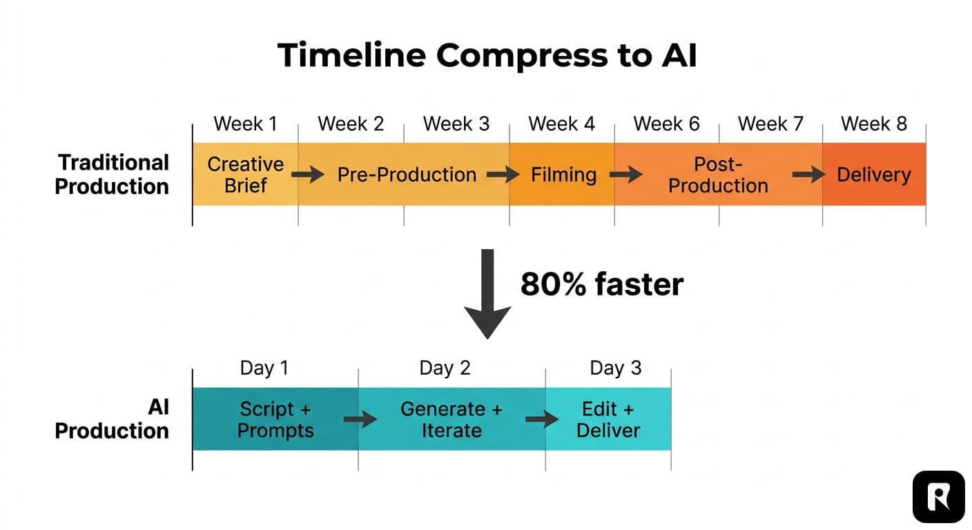 Infographic comparing traditional video production timeline of 4-8 weeks against AI video production timeline of 2-3 days, showing compression across pre-production, filming, and post-production stages