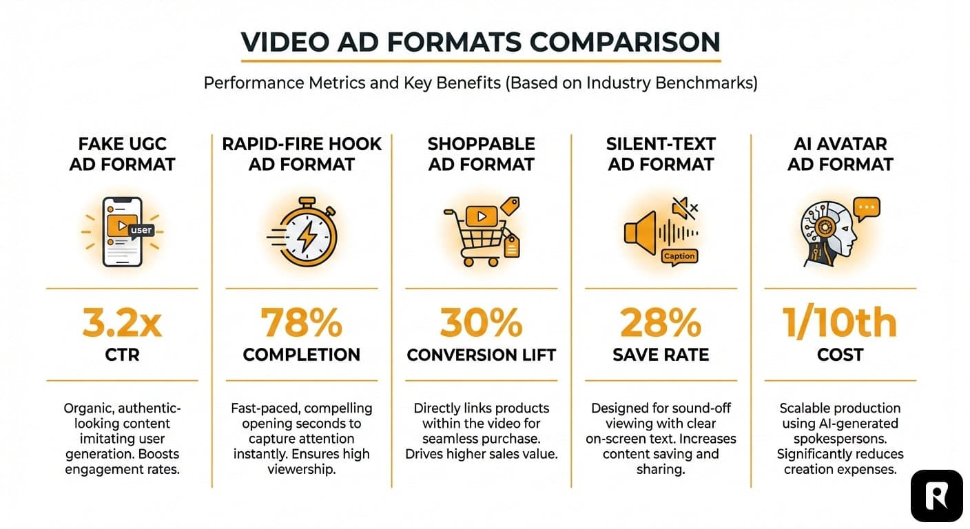 Comparison chart of the 5 best converting video ad formats in 2026 showing CTR, CPA, and best use case for each format: Fake UGC, Rapid-Fire Hook, Shoppable, Silent-Text, and AI Avatar