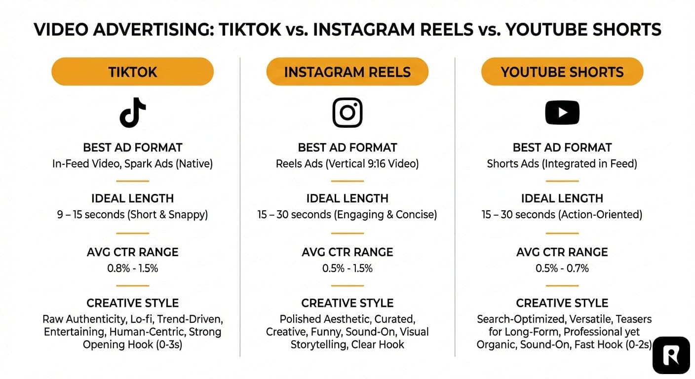 Platform comparison chart showing best video ad formats, ideal lengths, and creative styles for TikTok, Instagram Reels, and YouTube Shorts in 2026