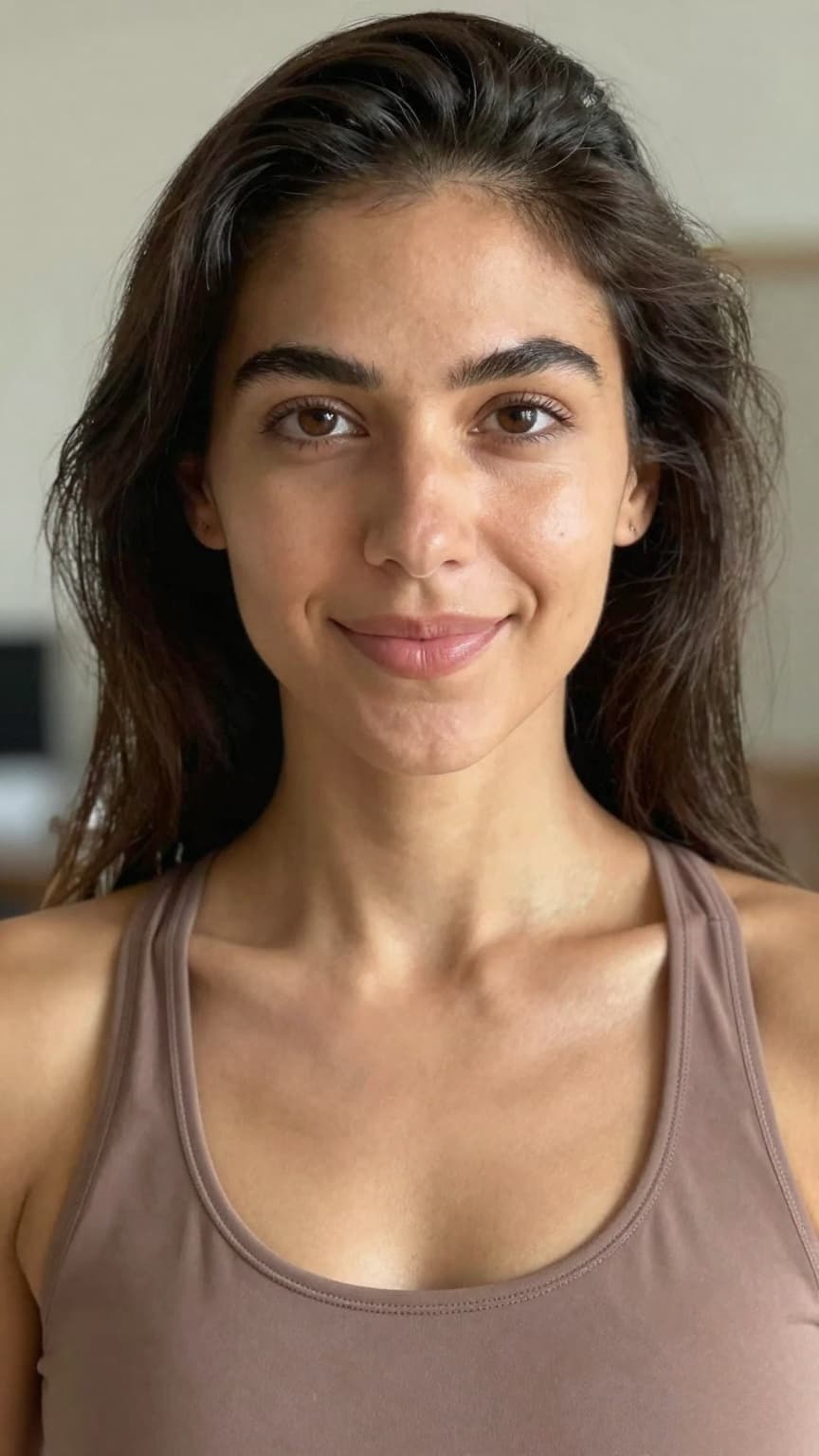 AI-generated selfie-style portrait of the ad's actress: an athletic woman in her late twenties in a home setting