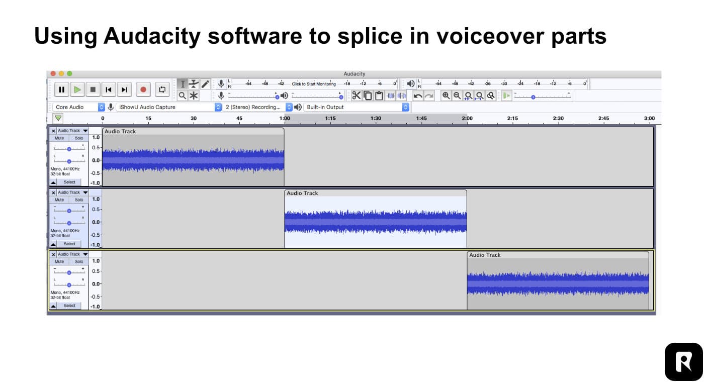 Audacity timeline showing the talking clip audio and the cloned voiceover spliced together at a word boundary