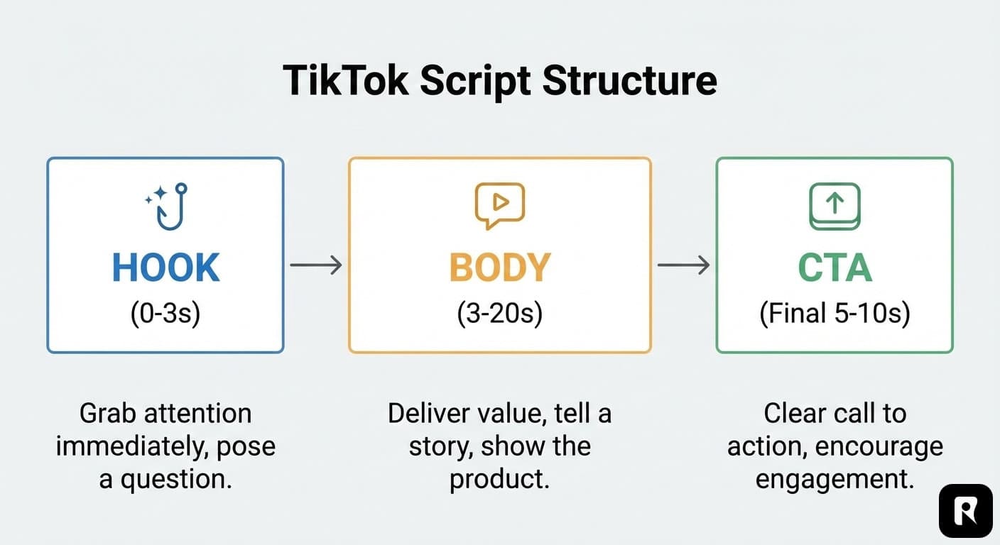 TikTok script structure diagram showing hook, body, and CTA sections