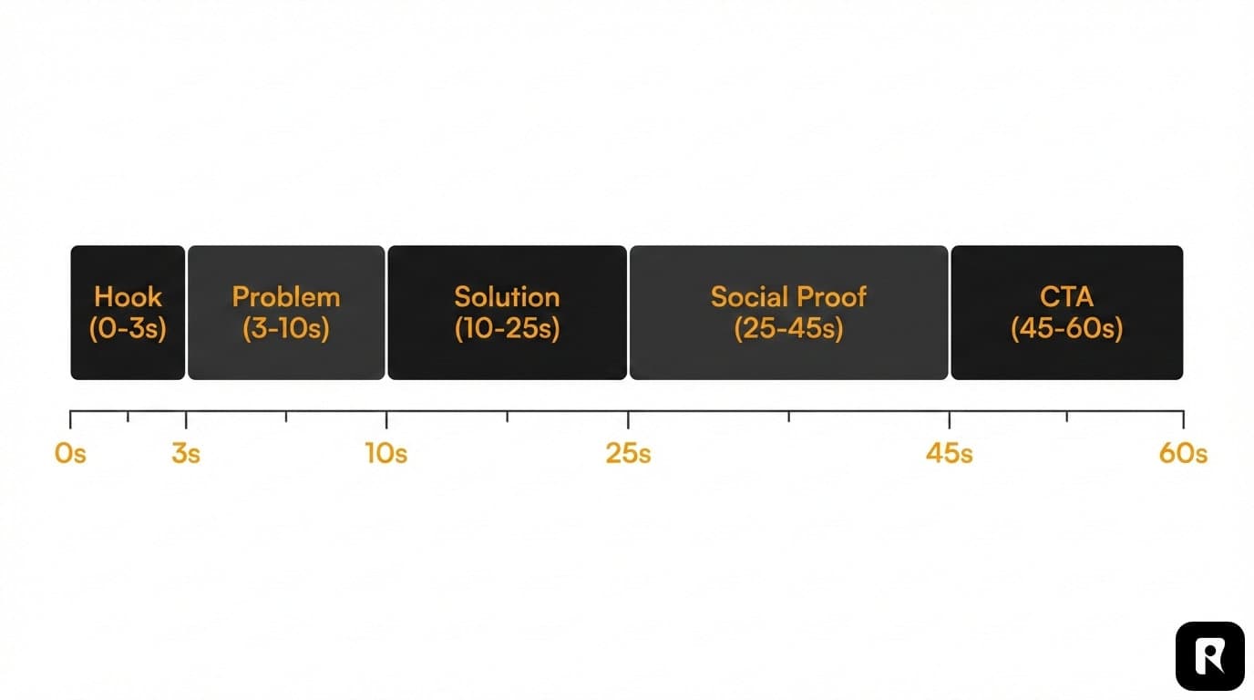 UGC ad script structure showing the 5 sections: hook, problem, solution, social proof, and CTA with their time allocations within a 60-second ad