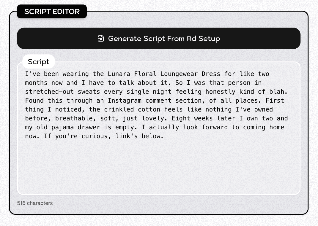Script Editor generating an ad script from the ad setup