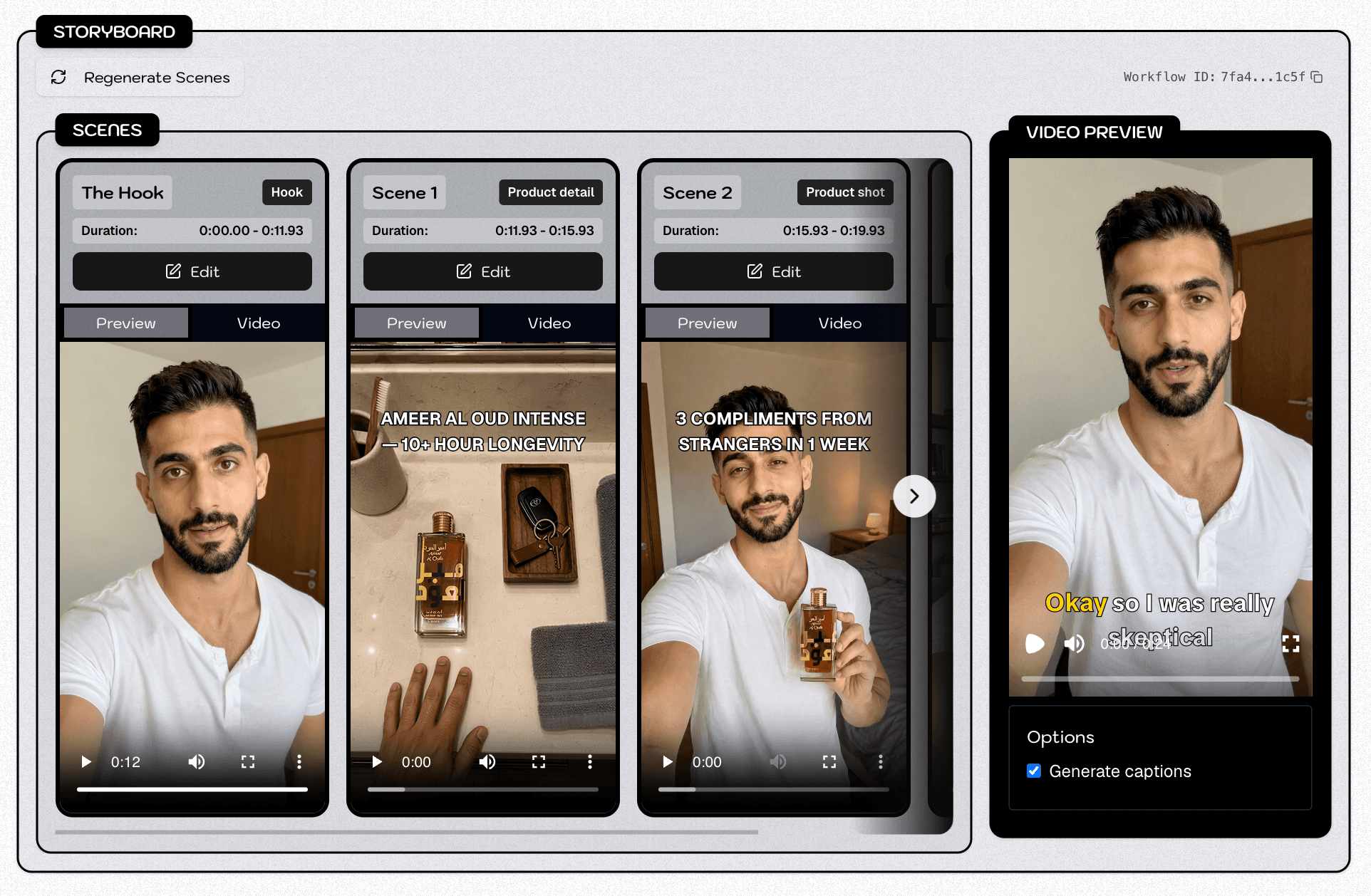 Storyboard editor with per-scene hooks, product details, and video previews