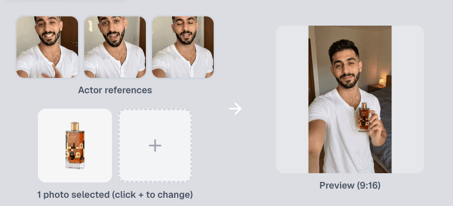 Composing a scene: actor references plus a product photo generate a 9:16 preview with the product in the actor's hand