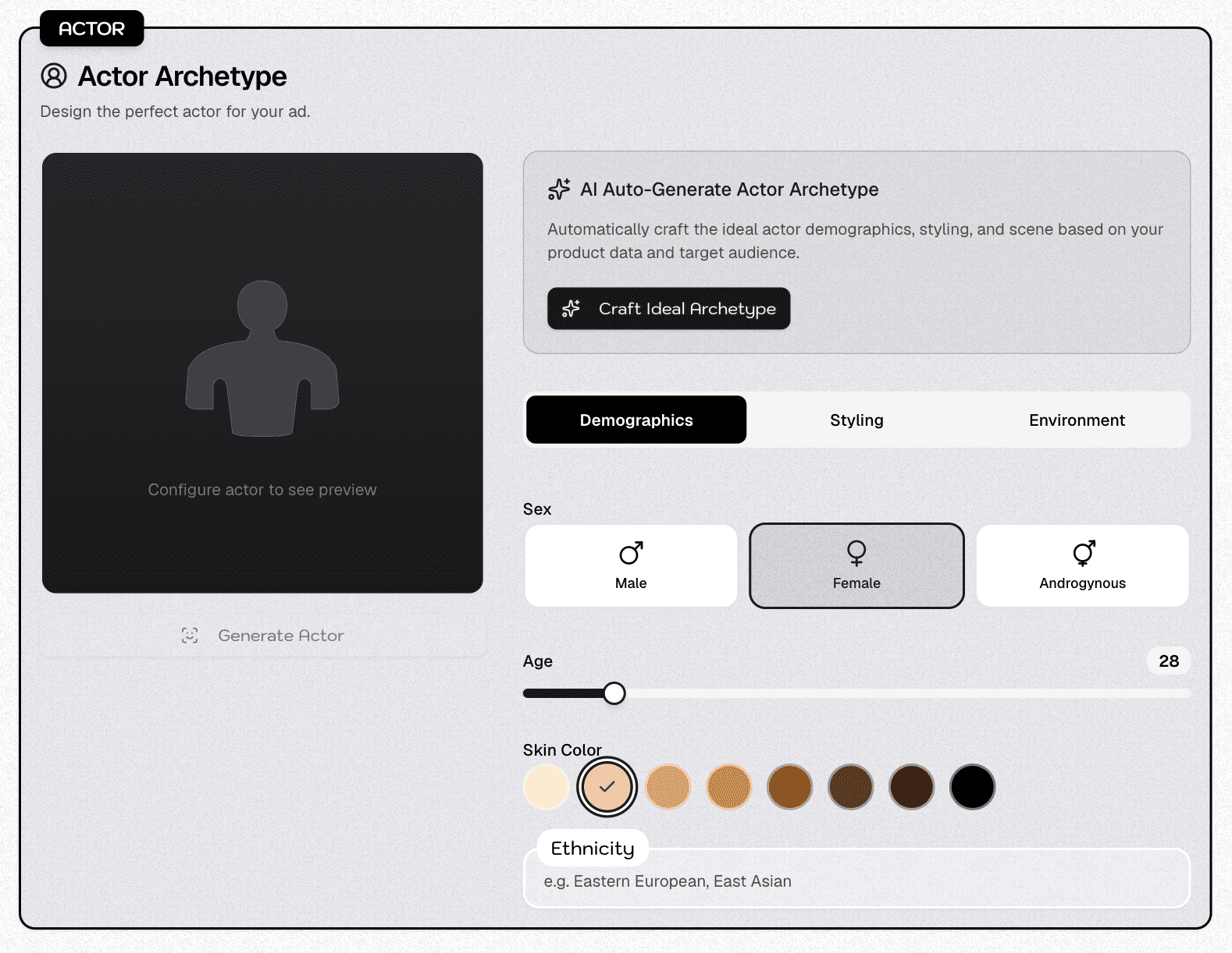 Actor Archetype builder: design an actor's demographics, styling, and environment for your ad