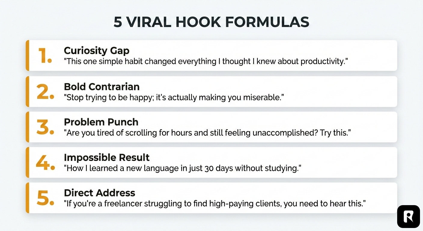 5 viral hook formulas with examples for TikTok scripts